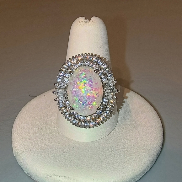 Fashion Jewelry Jewelry - Oval Opal Cocktail Ring With Imitation Rhodium & CZ Halo size 6-10